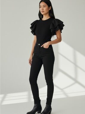 FORE Black Ruffle-Sleeve Bodysuit with Tiered Flutter Sleeves